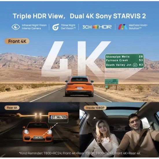 داش كام T800 امامي-داخلي-خلفي 4K من 70mai + مومري 256 اضافي