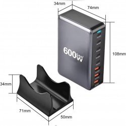 منصة منافذ شحن سريع 6 مخارج USB-C مع 2 مخارج USB السريع بقوة 600W اسود