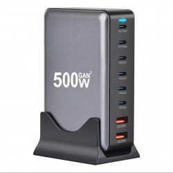 منصة منافذ شحن سريع 6 مخارج USB-C مع 2 مخارج USB السريع بقوة 500W  ابيض-اسود