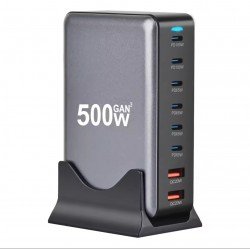 منصة منافذ شحن سريع 6 مخارج USB-C مع 2 مخارج USB السريع بقوة 500W  ابيض-اسود