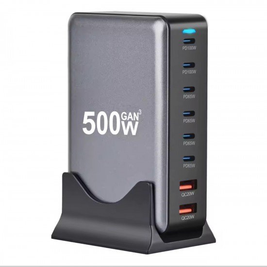 منصة منافذ شحن سريع 6 مخارج USB-C مع 2 مخارج USB السريع بقوة 500W  ابيض-اسود